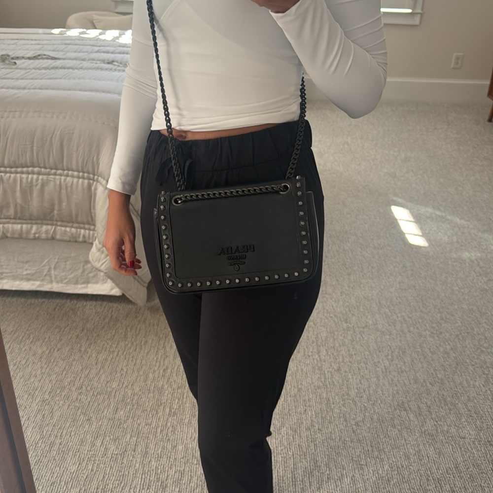 Authentic Prada Chain Flap Bag Studded Glace Calf Small Black - Picture 15 of 15